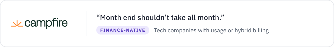 Card: the Campfire logo beside its own headline claim, Month end shouldn’t take all month, tagged finance-native and suited to tech companies with usage or hybrid billing.
