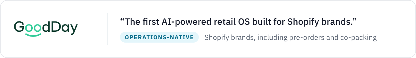 Card: the GoodDay Software logo beside its own headline claim, The first AI-powered retail OS built for Shopify brands, tagged operations-native and suited to Shopify brands including pre-orders and co-packing.
