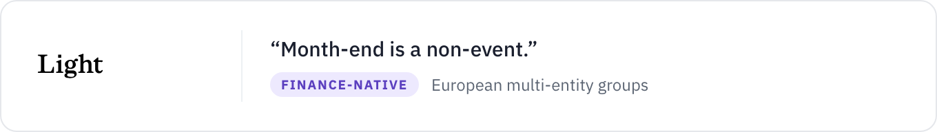 Card: the Light logo beside its own headline claim, Month-end is a non-event, tagged finance-native and suited to European multi-entity groups.